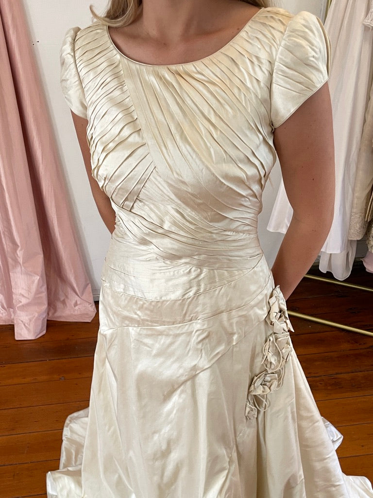 Vintage 90s silk dupion pleated high neck wedding gown