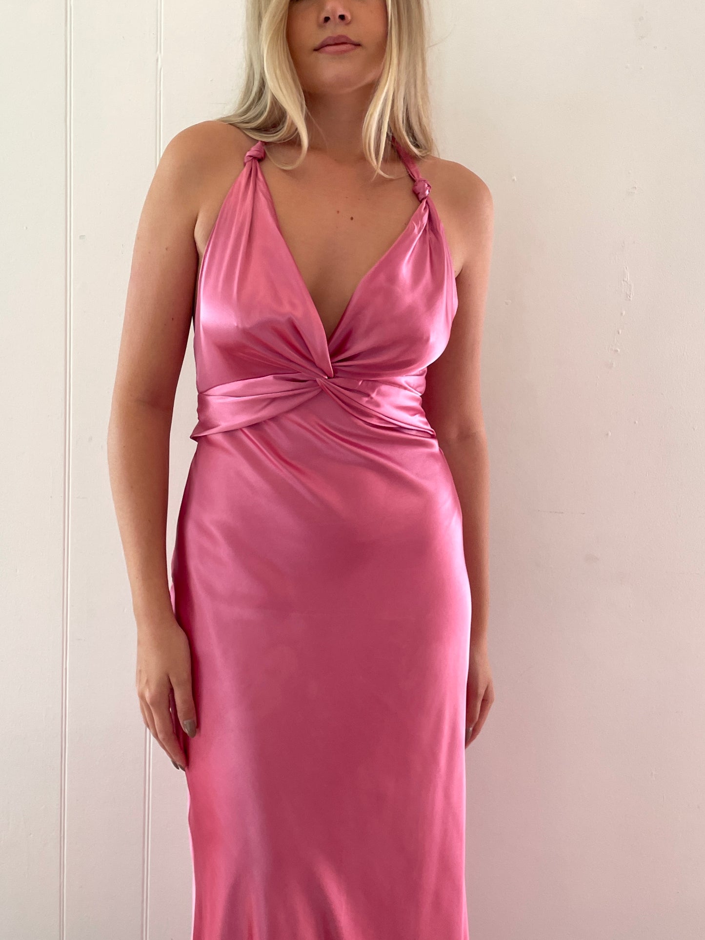 Vintage Y2K pink satin backless halter neck gown