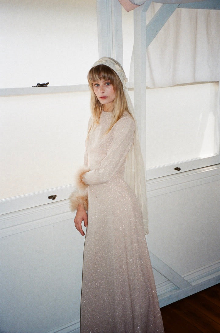 Vintage 60s champagne lurex long sleeve gown with ostrich feather cuffs