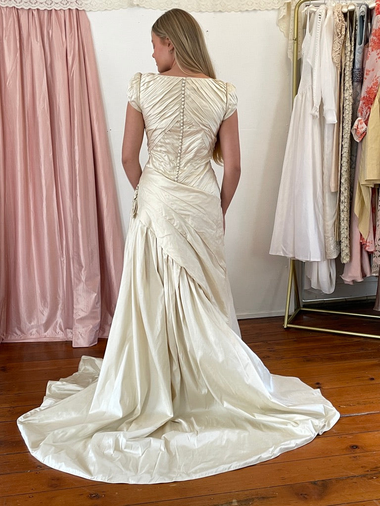 Vintage 90s silk dupion pleated high neck wedding gown