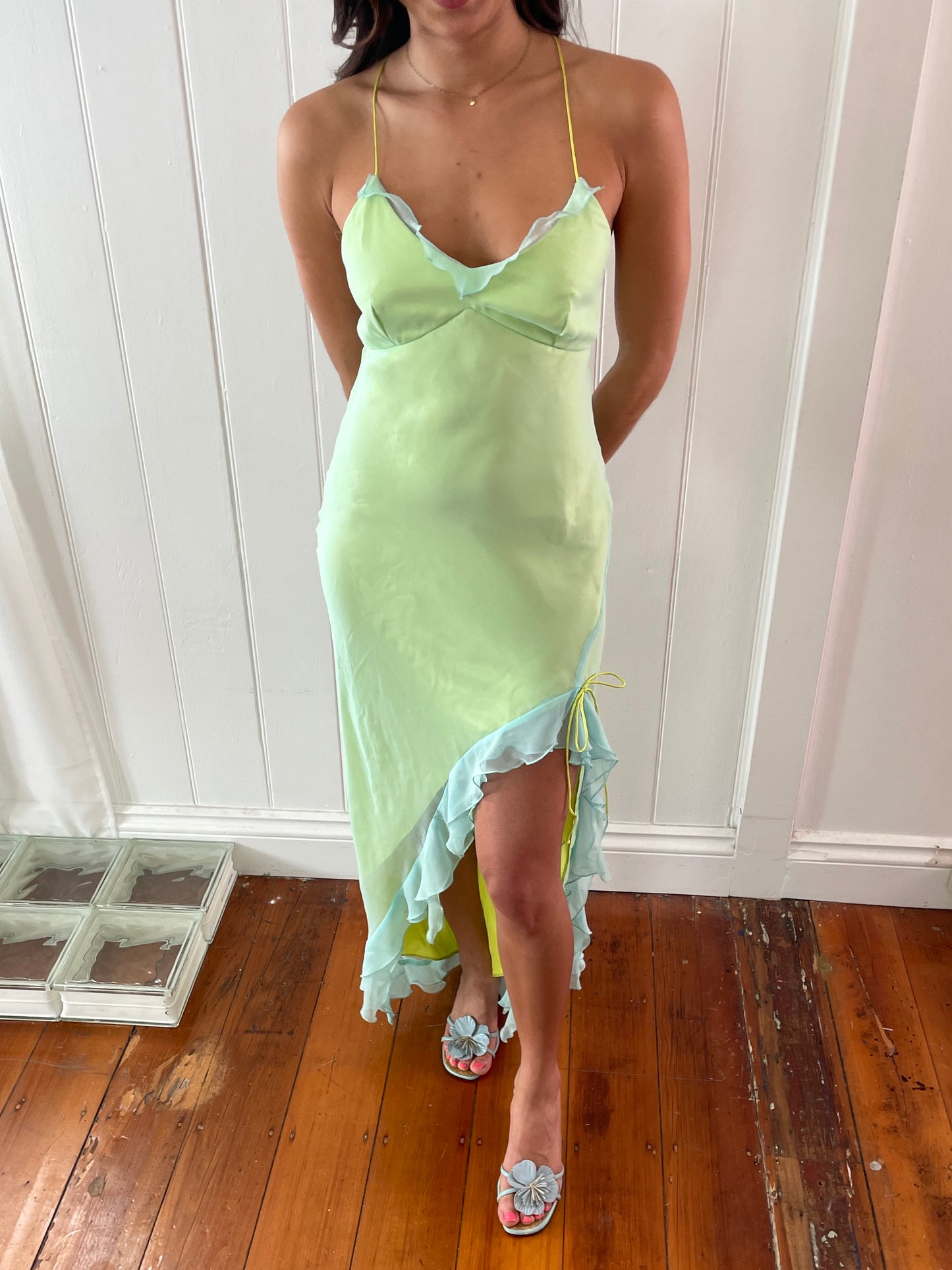 Vintage 90s green and blue high low backless dress