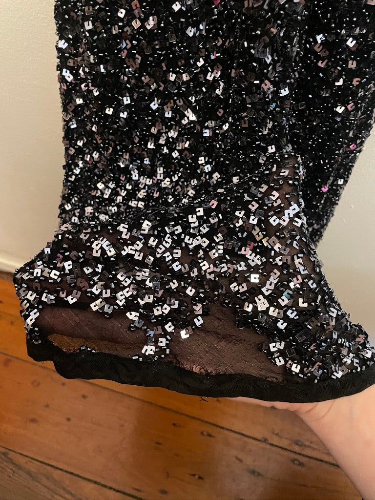 Vintage 90s midnight beaded open back evening dress