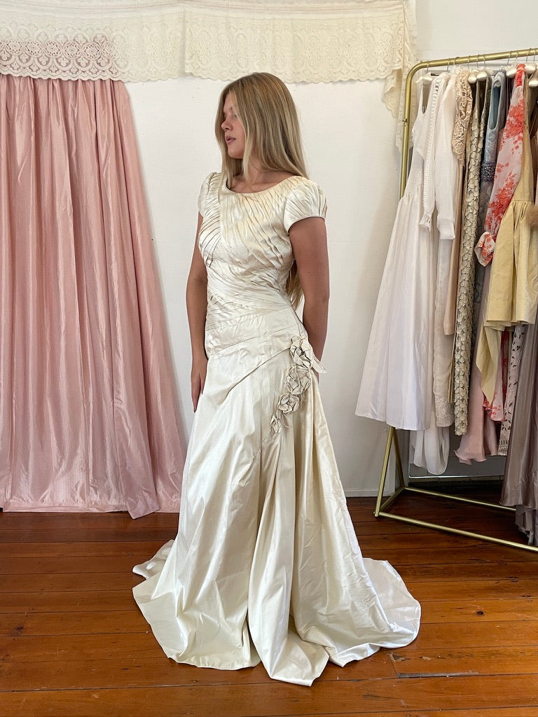 Vintage 90s silk dupion pleated high neck wedding gown