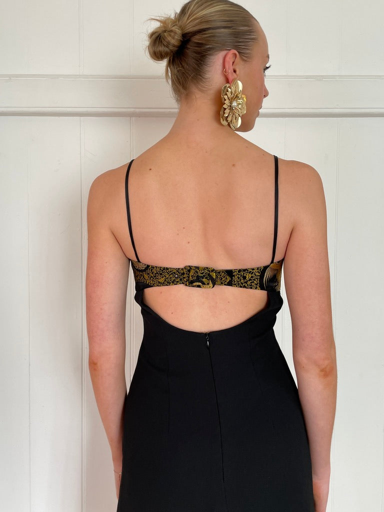 Vintage 90s black brocade mini dress