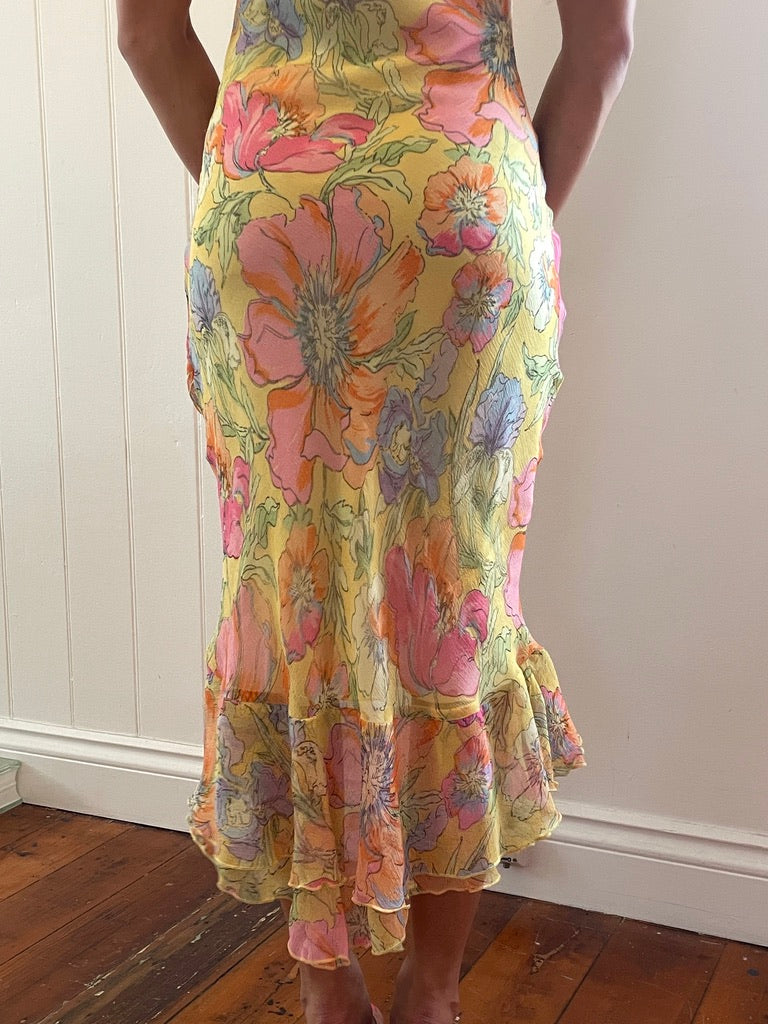 Vintage 90s yellow floral watercolour midi dress