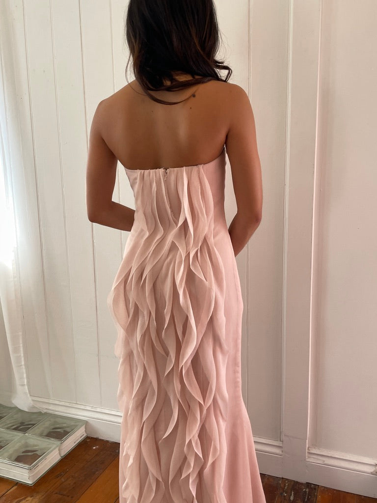 Vintage y2k Vera Wang baby pink cascading ruffle evening gown