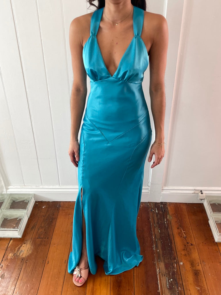 Vintage y2k Ruth Tarvydas aqua blue satin evening gown