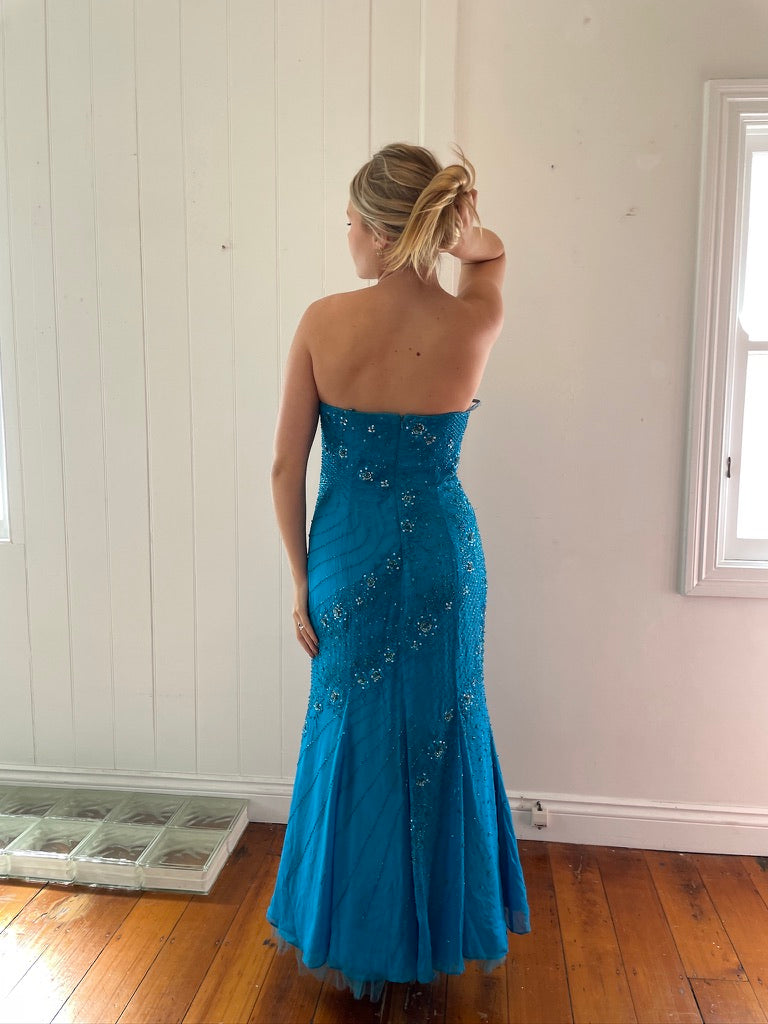 Vintage y2k silk beaded strapless formal dress ocean