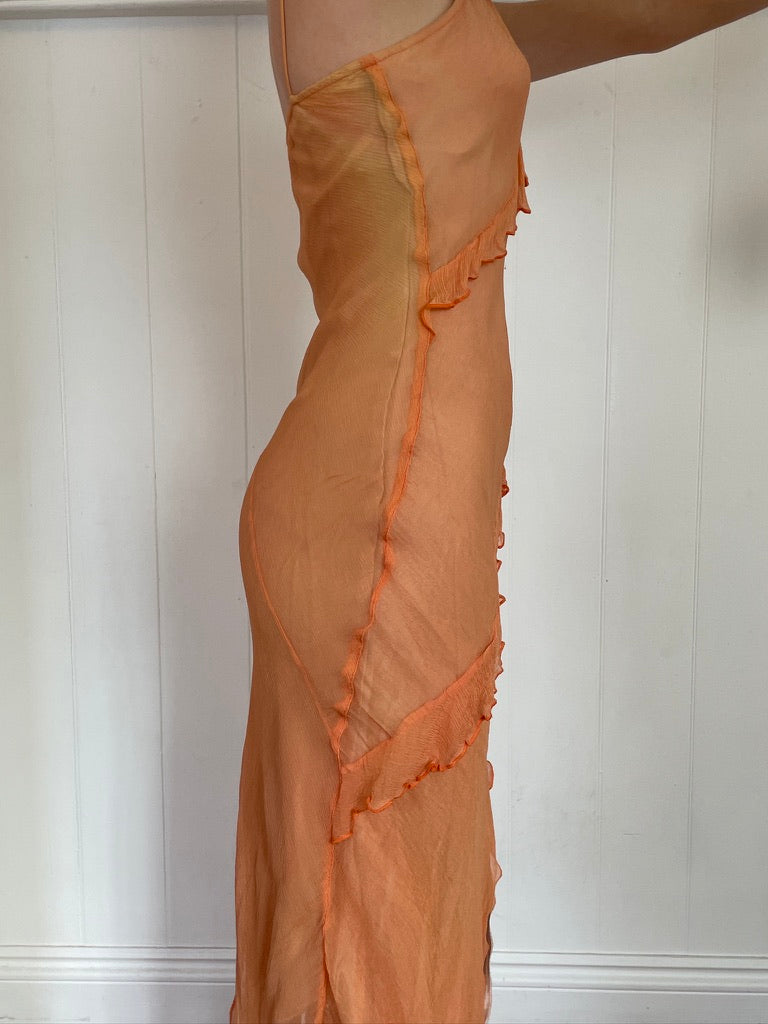 Vintage y2k pastel orange silk bias cut midi dress