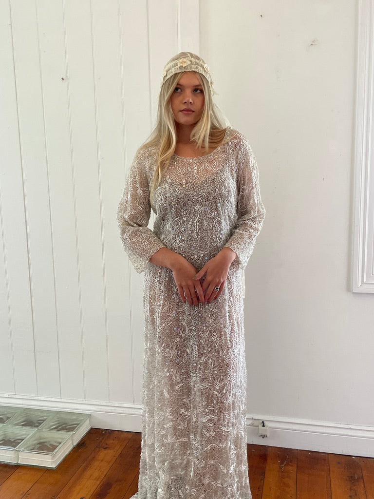 Vintage 60s semi sheer long sleeve beaded sequinned bridal gown