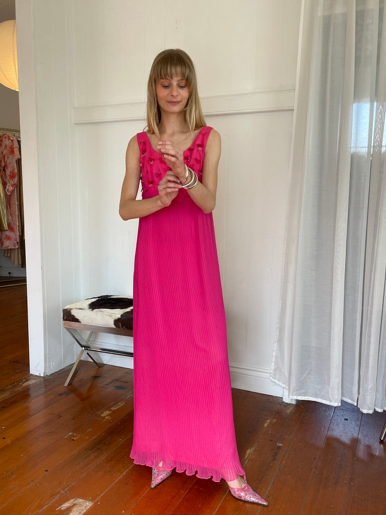 Vintage 60s Patou pink beaded sheath dress with bow