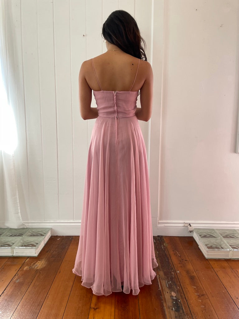 Vintage 70s dusty pink maxi dress with sheer bolero