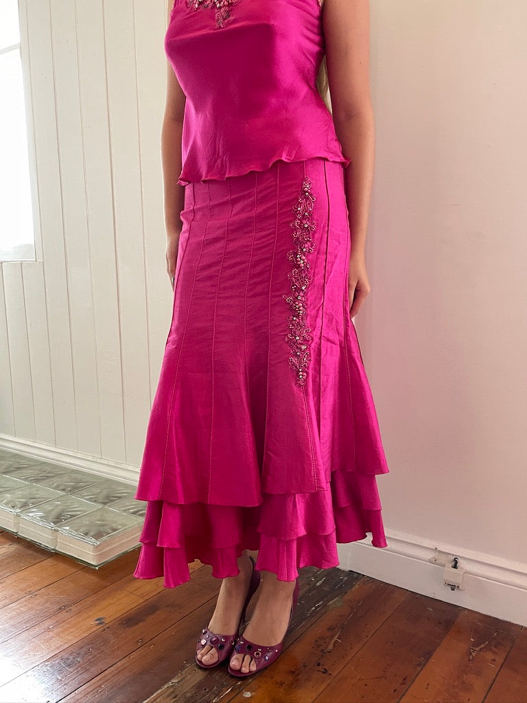 Vintage y2k hot pink silk skirt cami set