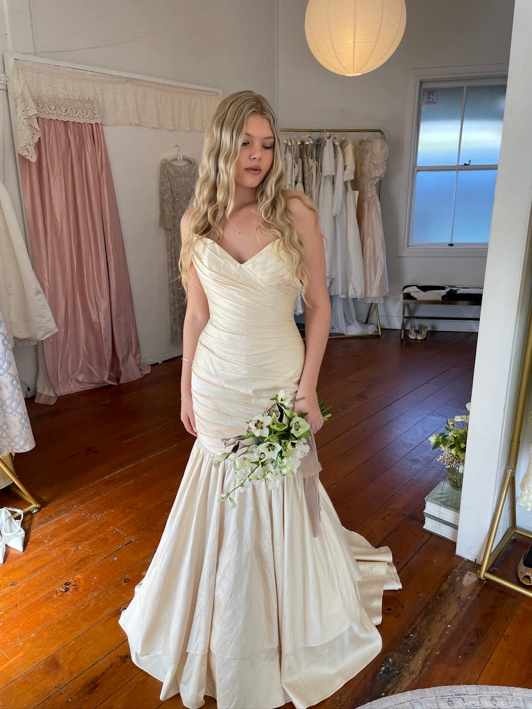 Vintage y2k raw silk champagne trumpet wedding gown