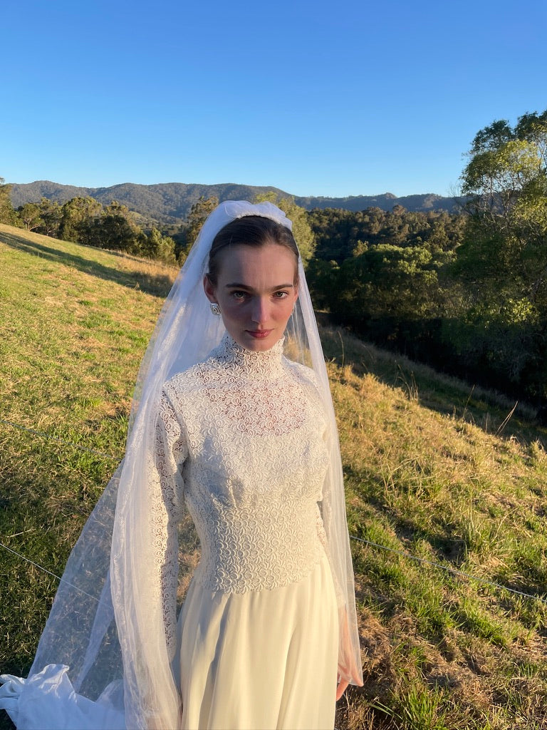 Vintage 60s long sleeve chiffon gown with guipure lace bodice
