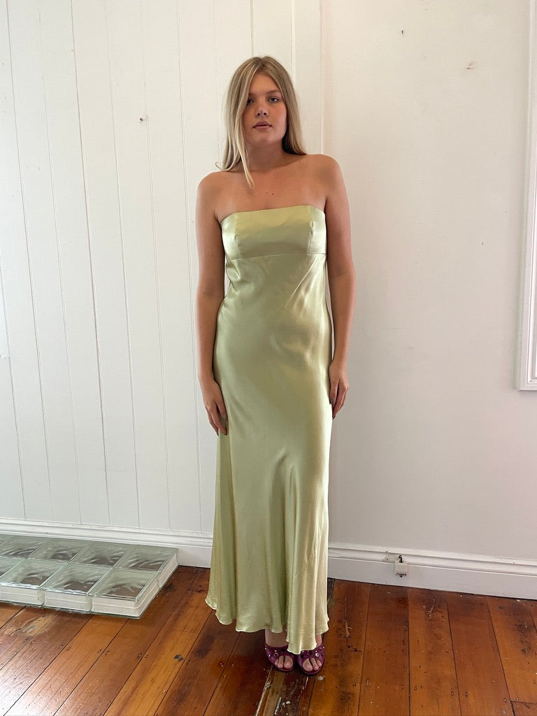 Vintage 90s pistachio green pure silk strapless gown