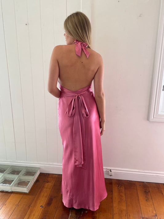 Vintage Y2K pink satin backless halter neck gown