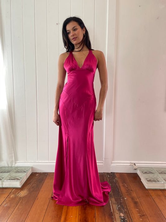 Vintage y2k Ruth Tarvydas hot pink satin evening gown