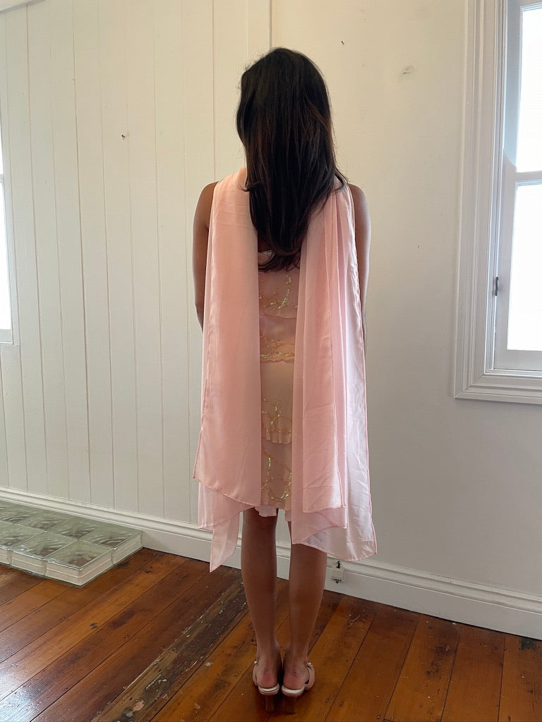 Vintage 90s baby pink silk beaded mini dress with neck scarf