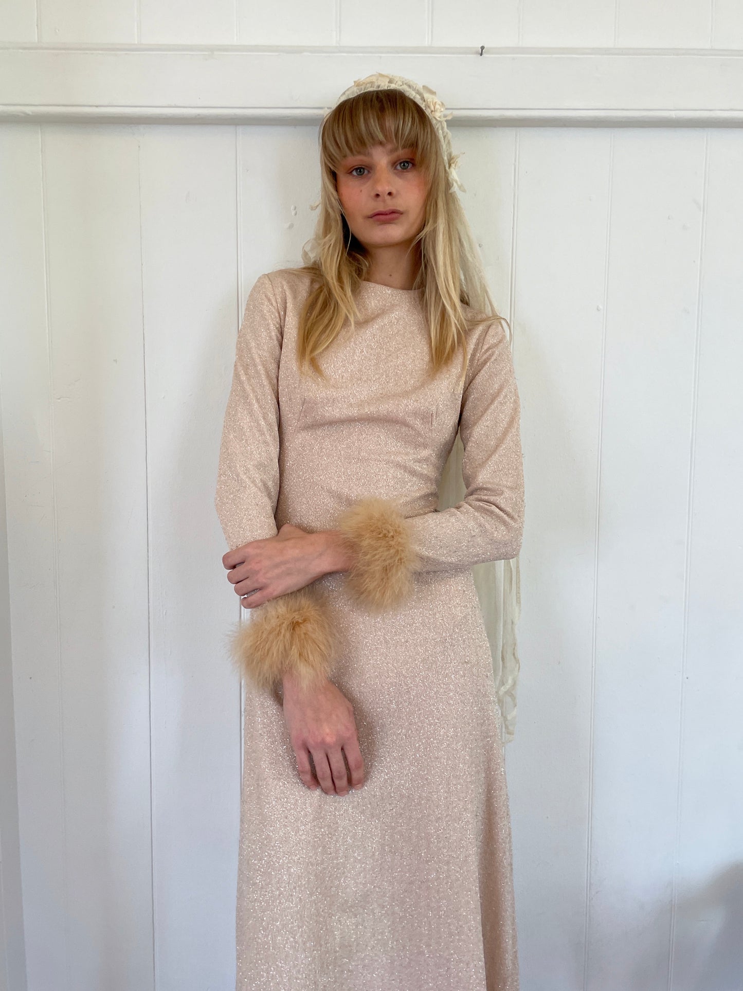 Vintage 60s champagne lurex long sleeve gown with ostrich feather cuffs
