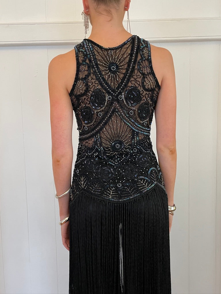 Vintage 90s semi sheer beaded fringed top