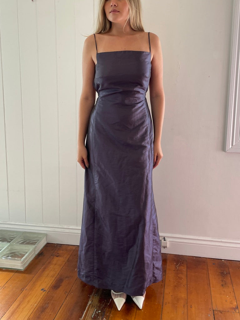 Vintage 90s purple high neck open back pleated evening dress