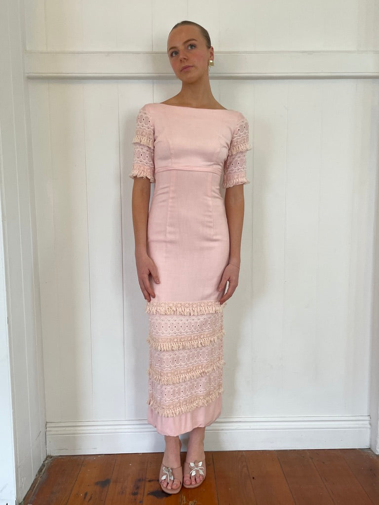 Vintage 60s baby pink column dress with cream fringing