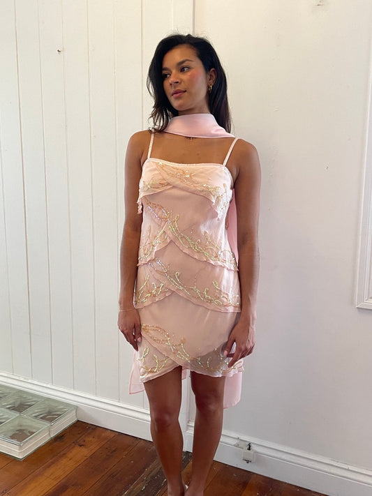 Vintage 90s baby pink silk beaded mini dress with neck scarf