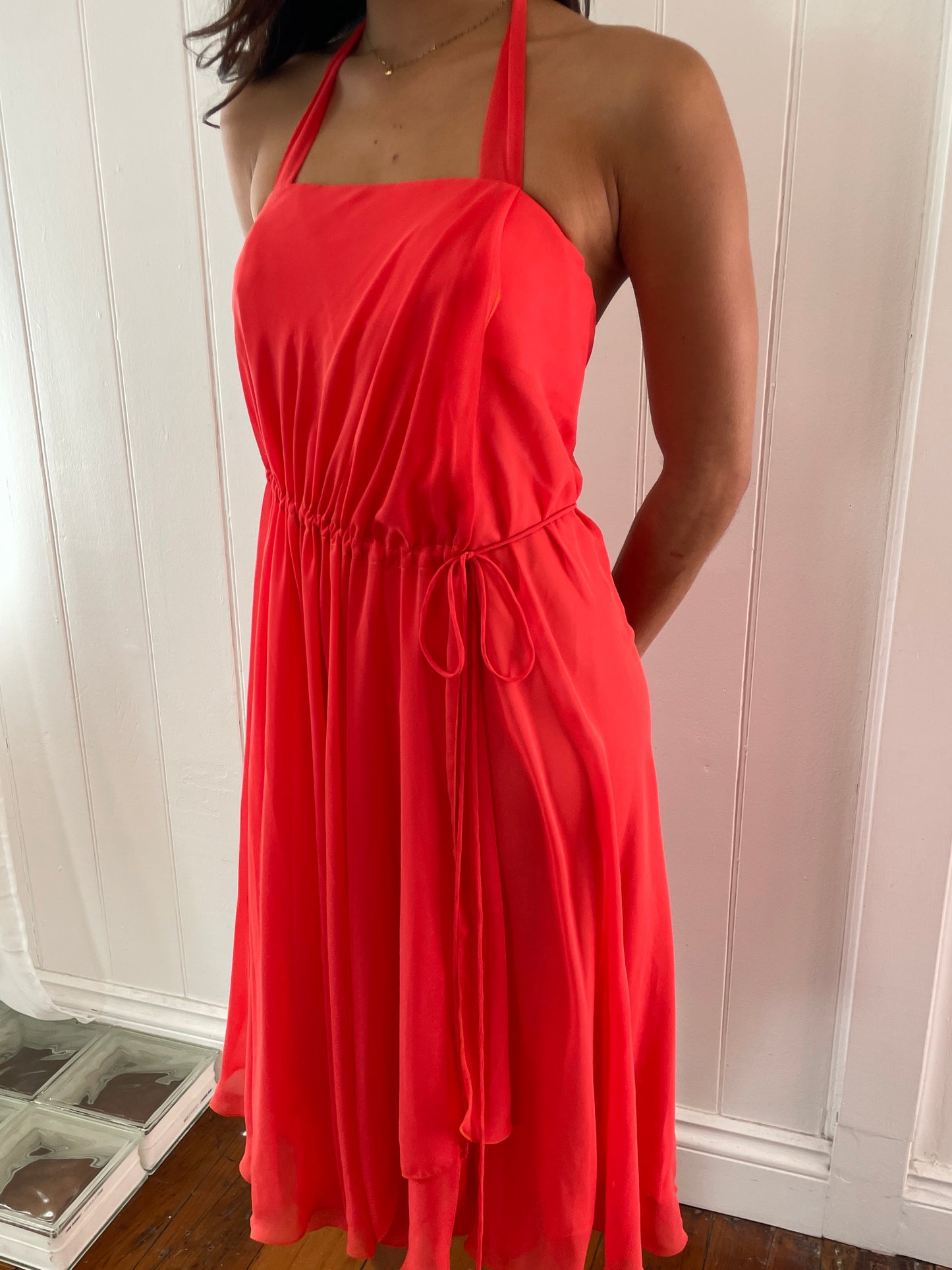 Vintage 90s orange flowy halter neck mini dress