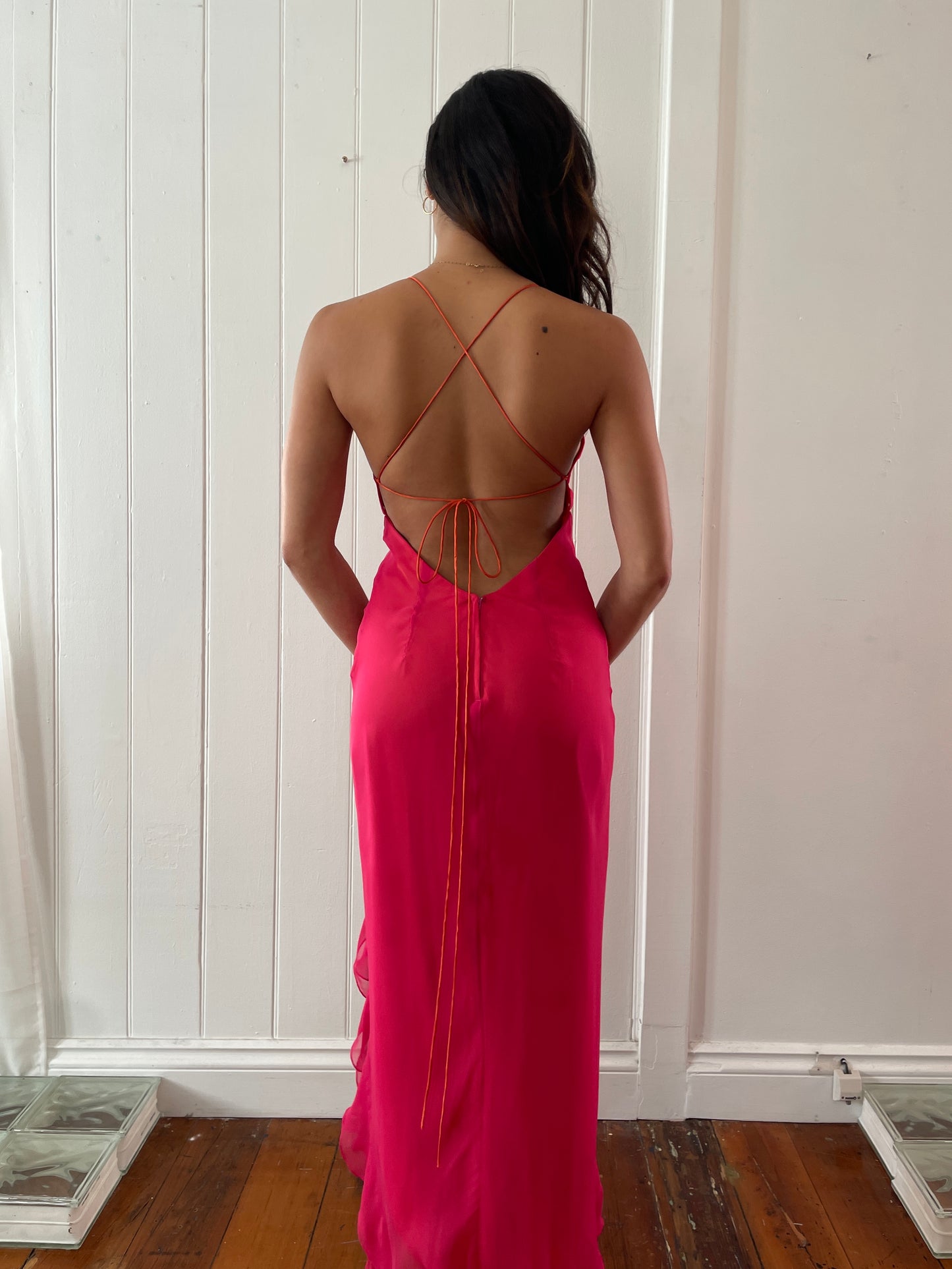Vintage 90s pink orange high low backless dress