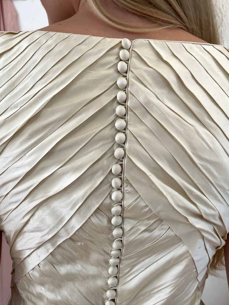 Vintage 90s silk dupion pleated high neck wedding gown