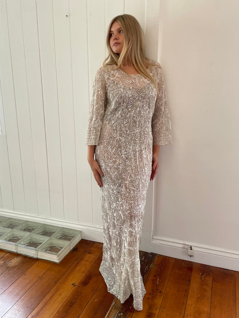 Vintage 60s semi sheer long sleeve beaded sequinned bridal gown
