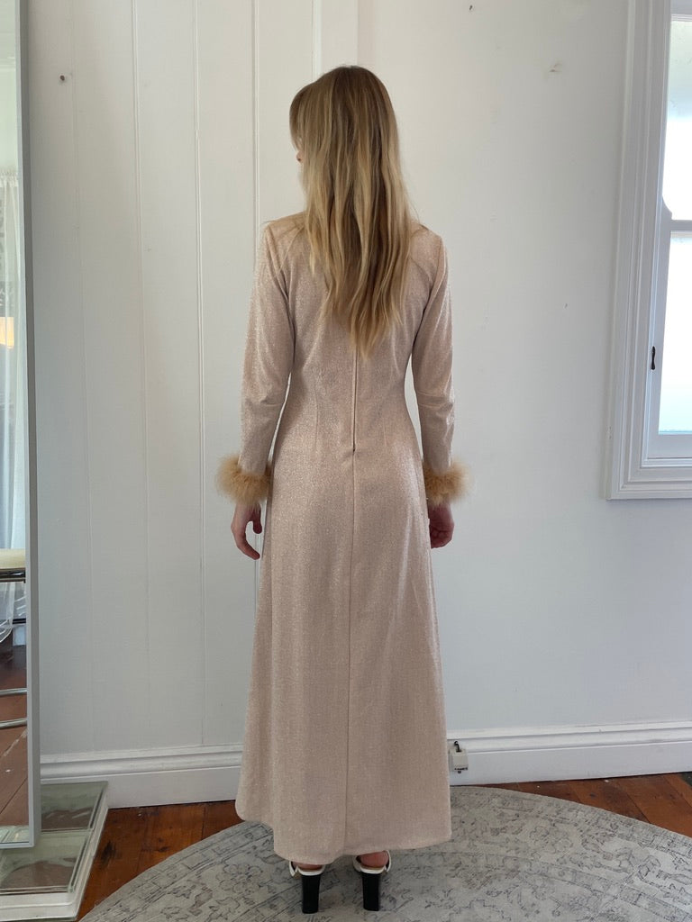 Vintage 60s champagne lurex long sleeve gown with ostrich feather cuffs