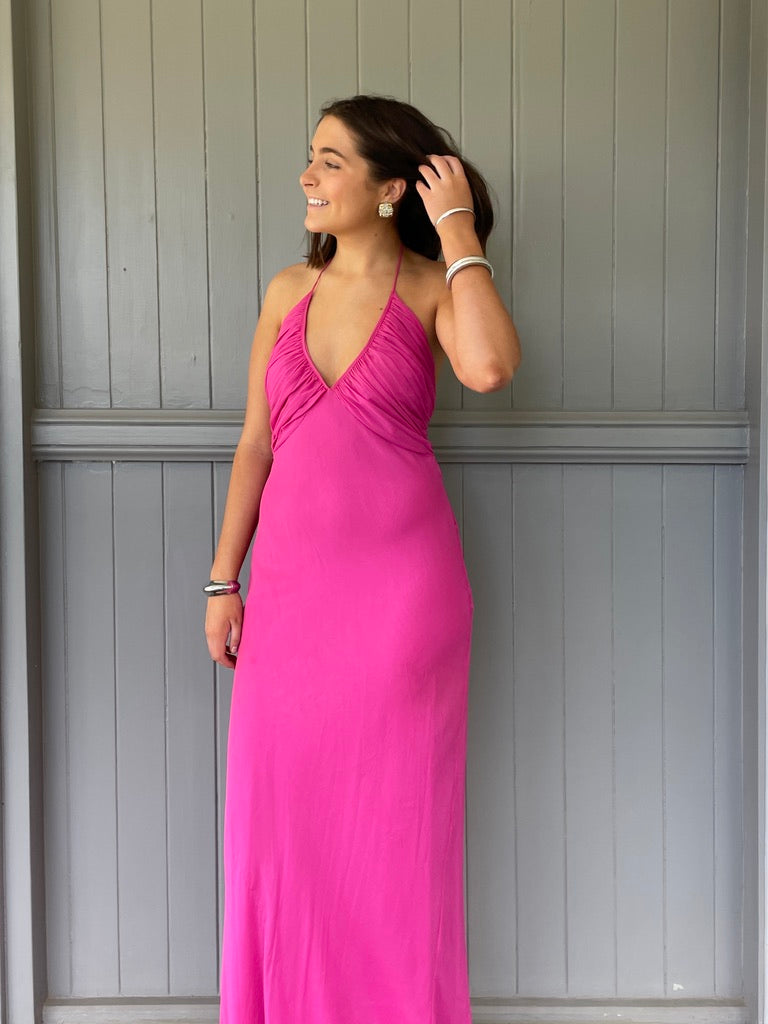 Vintage y2k pink silk halter neck maxi dress