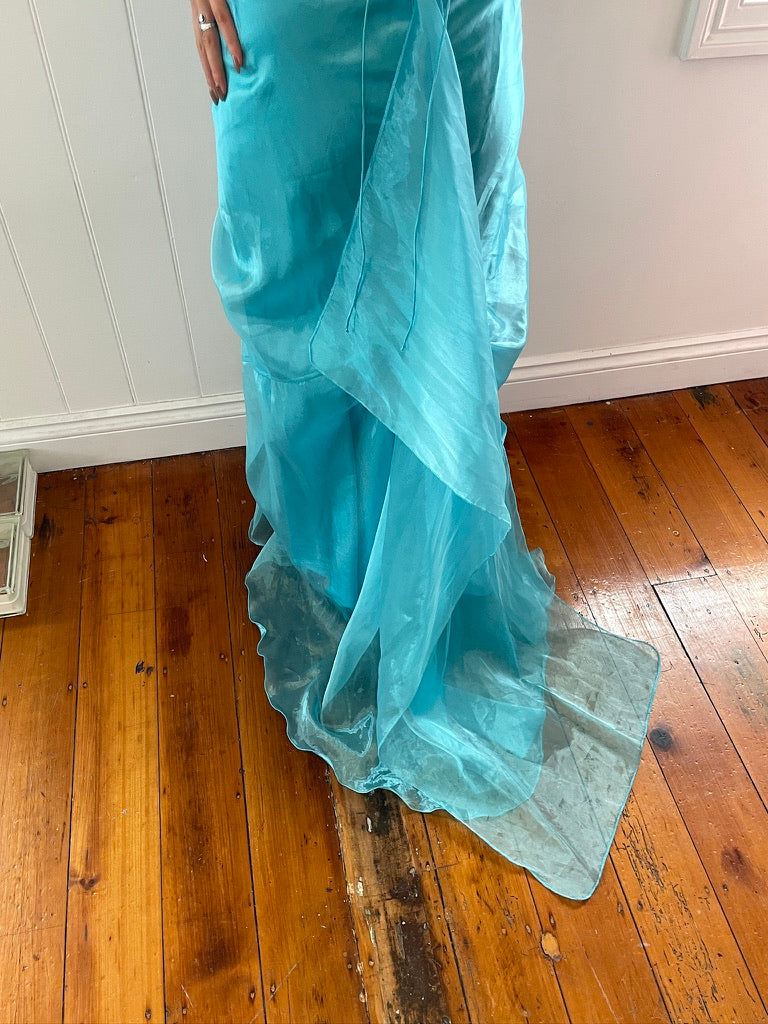 Vintage 90s aqua gathered organza backless halter gown