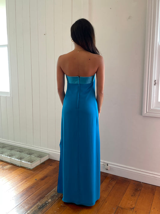 Vintage 90s blue strapless column evening dress