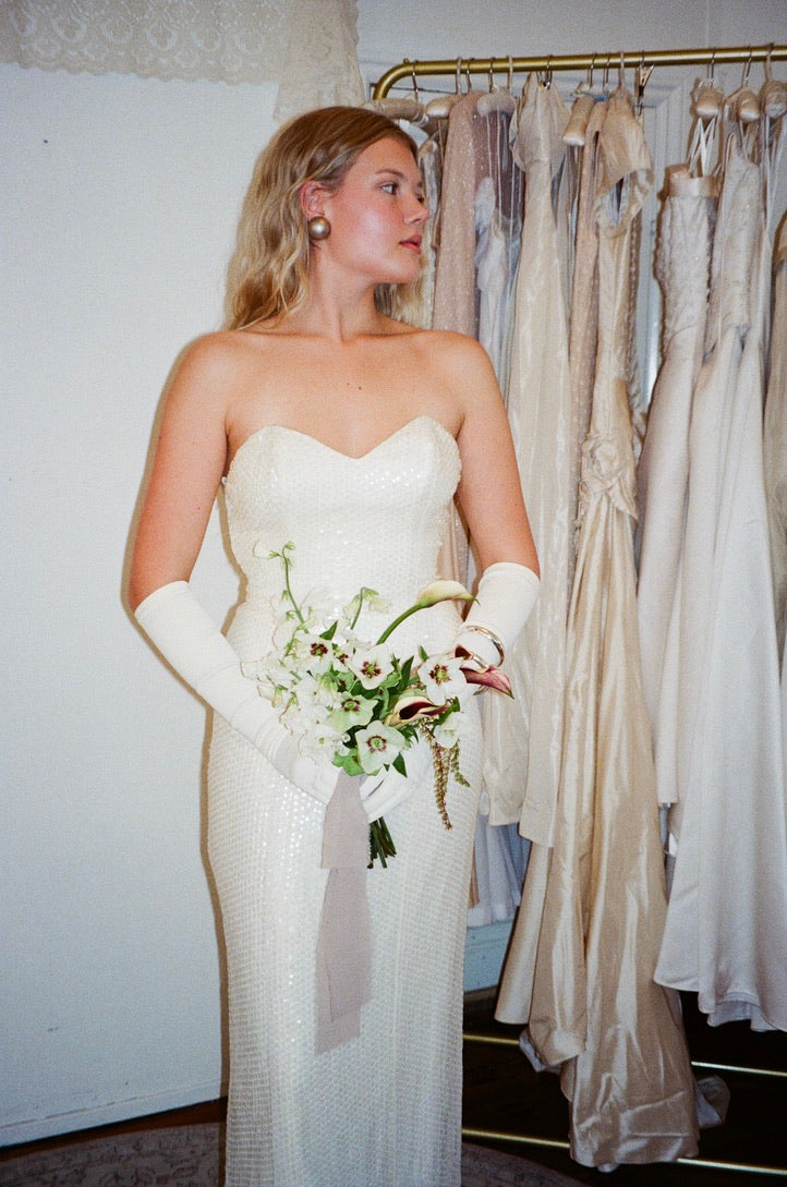 Vintage 80s cream sweetheart sequinned wedding dress