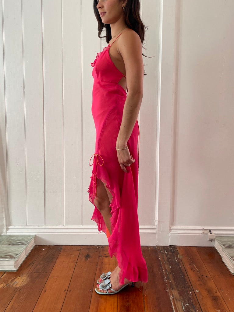 Vintage 90s pink orange high low backless dress