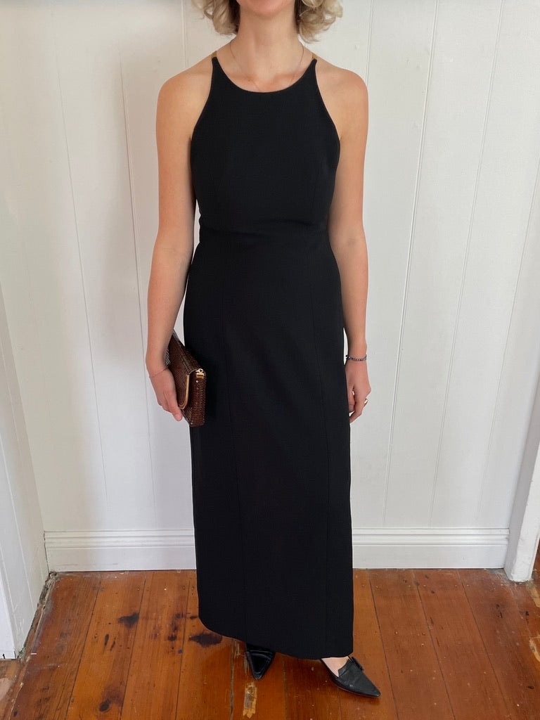 Vintage 90s black high neck gown with gold hardware