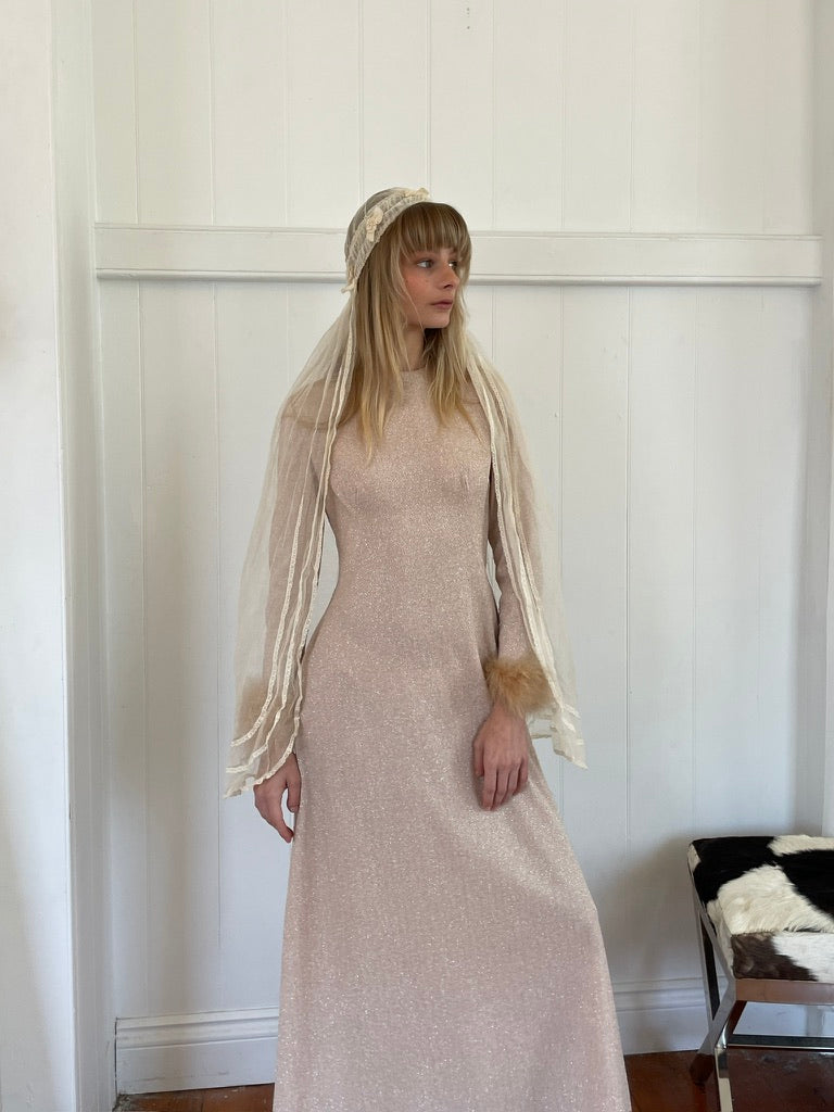 Vintage 60s champagne lurex long sleeve gown with ostrich feather cuffs