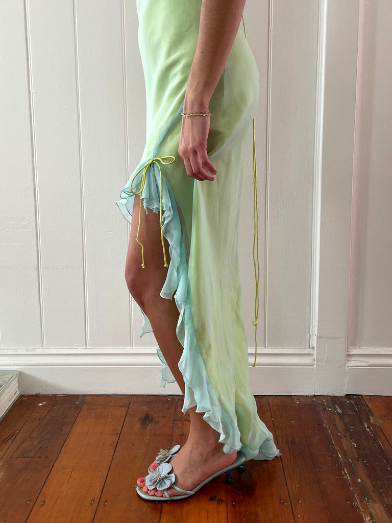 Vintage 90s green and blue high low backless dress