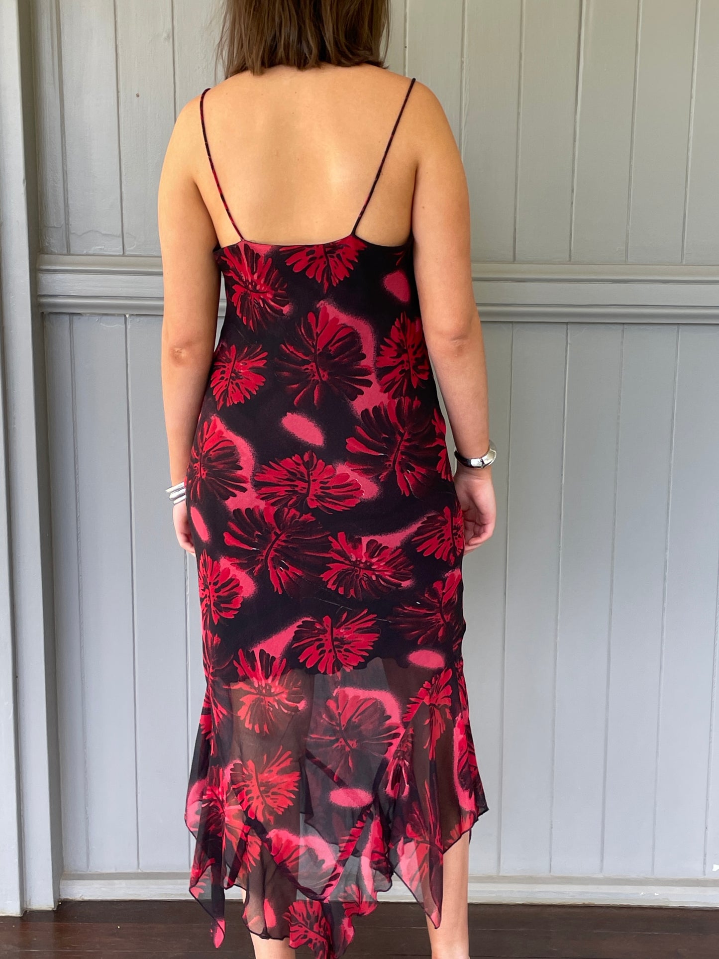 Vintage 90s black and red floral slip dress