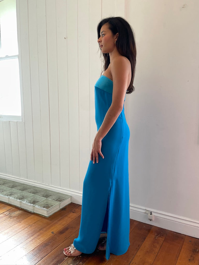Vintage 90s blue strapless column evening dress