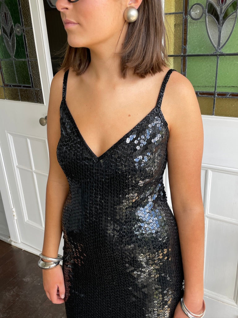 Vintage 80s black sequinned evening dress