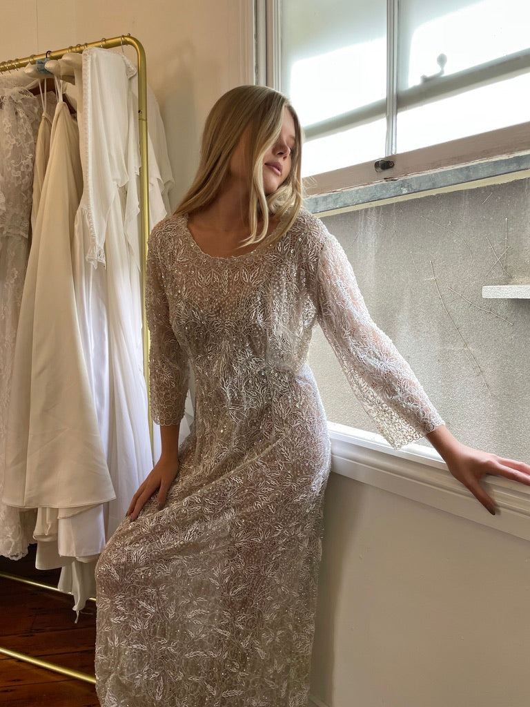 Vintage 60s semi sheer long sleeve beaded sequinned bridal gown