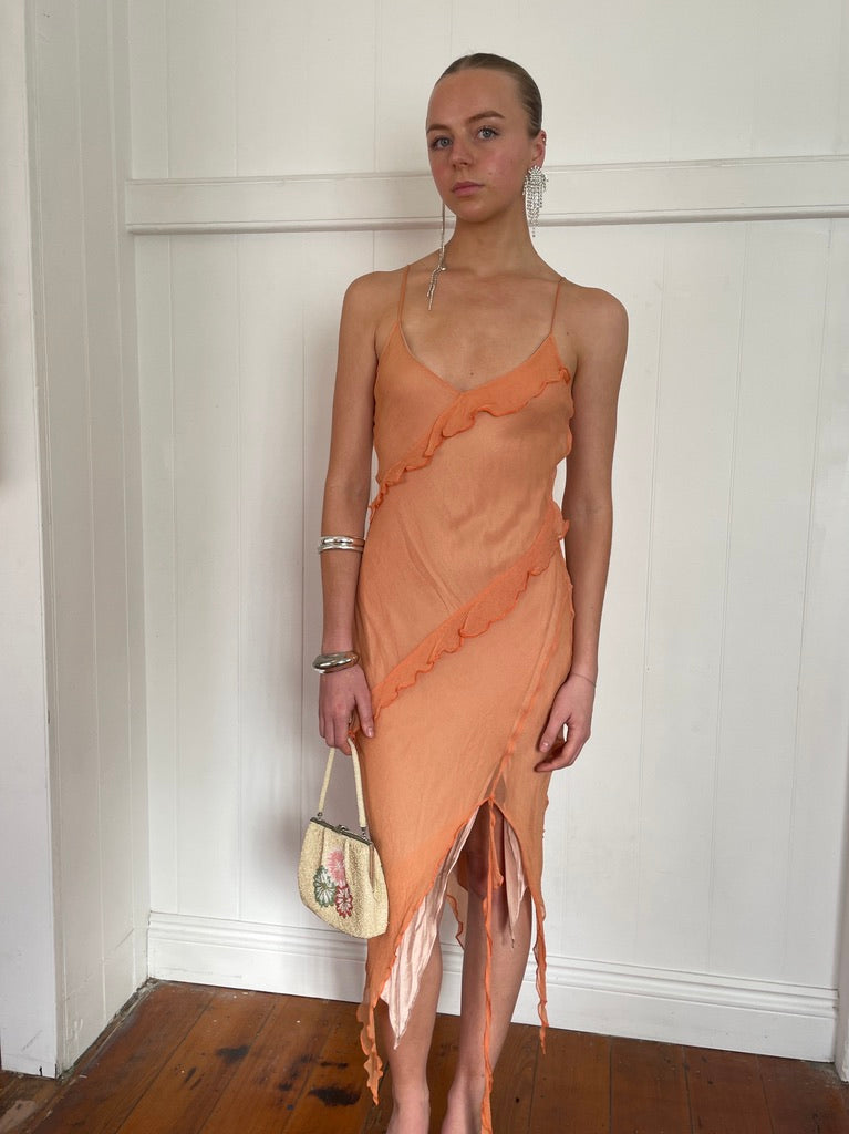 Vintage y2k pastel orange silk bias cut midi dress