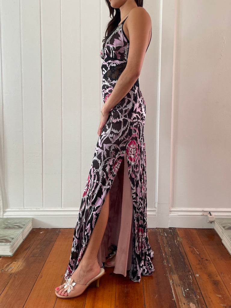 Vintage y2k silk burnout evening gown with lace panels