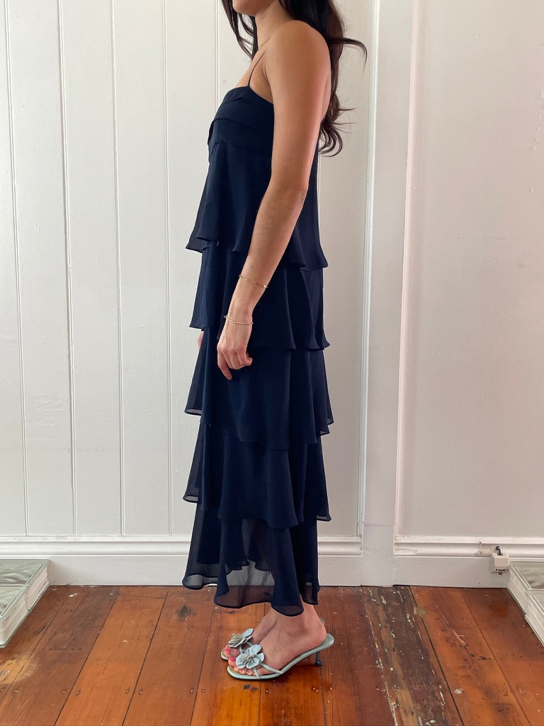 Vintage y2k Carla Zampatti navy tiered midi dress