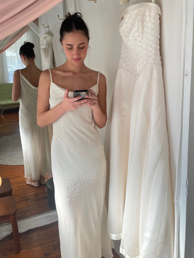 Vintage 90s white silk beaded bias cut slip dress