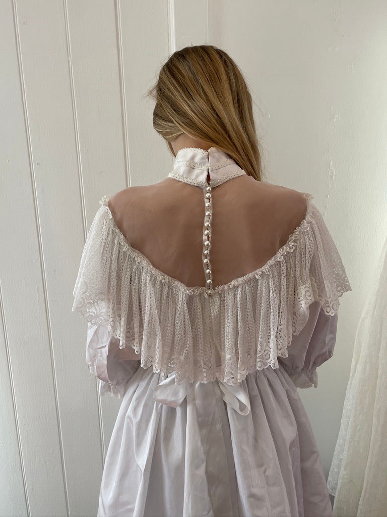 Vintage 70s taffeta puff sleeve tiered wedding dress